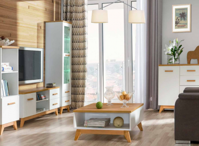 Wohnwand Wohnzimmer-Set Vitrine Lowboard Wandregal TV Tisch 5 tlgs